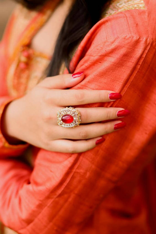 Indian Stone Ring in Red worn in hand